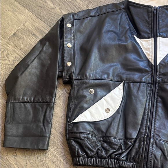 Vintage Black and White Leather Bomber Jacket and Vest Size 11/12 Made in Canada - Picture 2 of 14